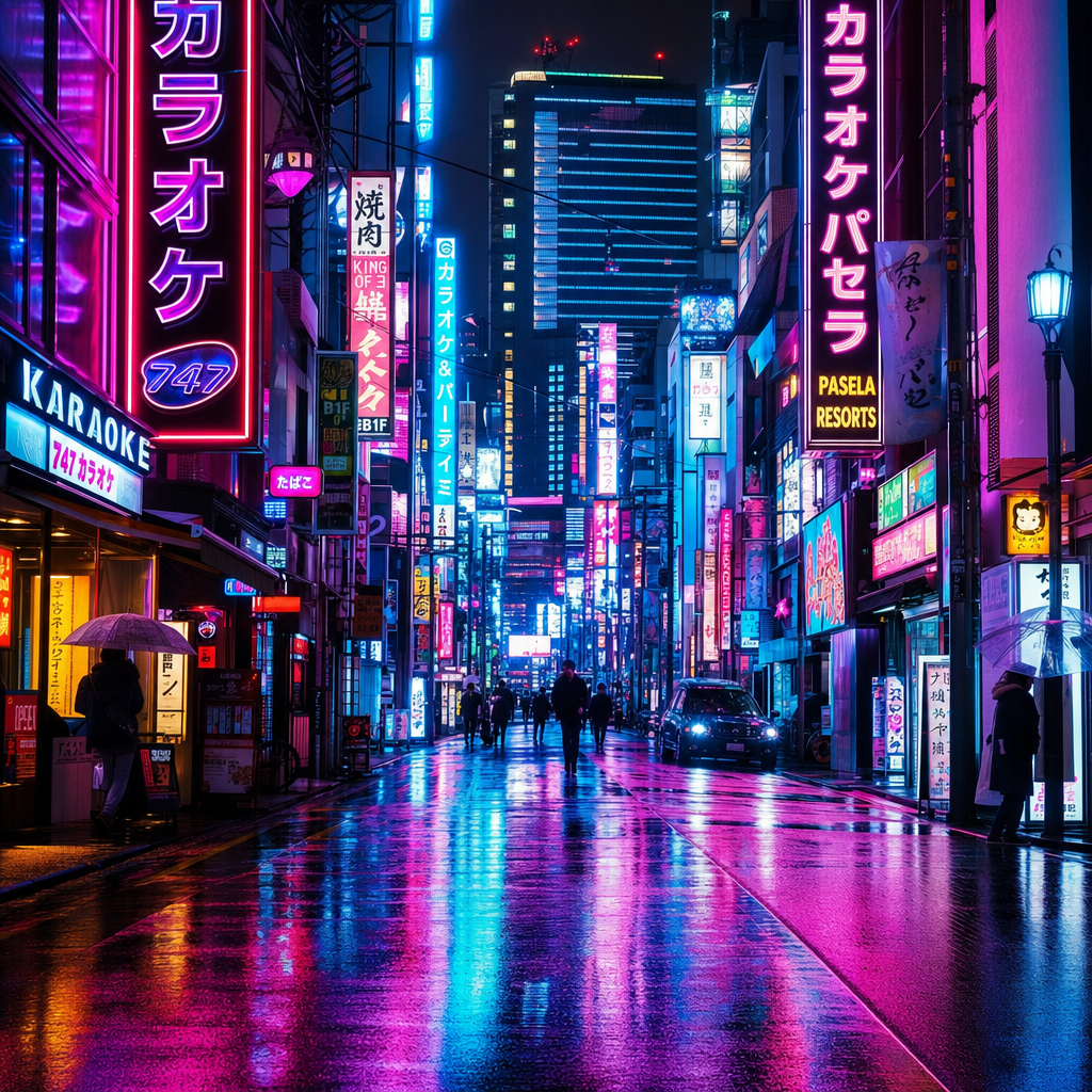 Cyberpunk Tokyo night street, neon signs, rain