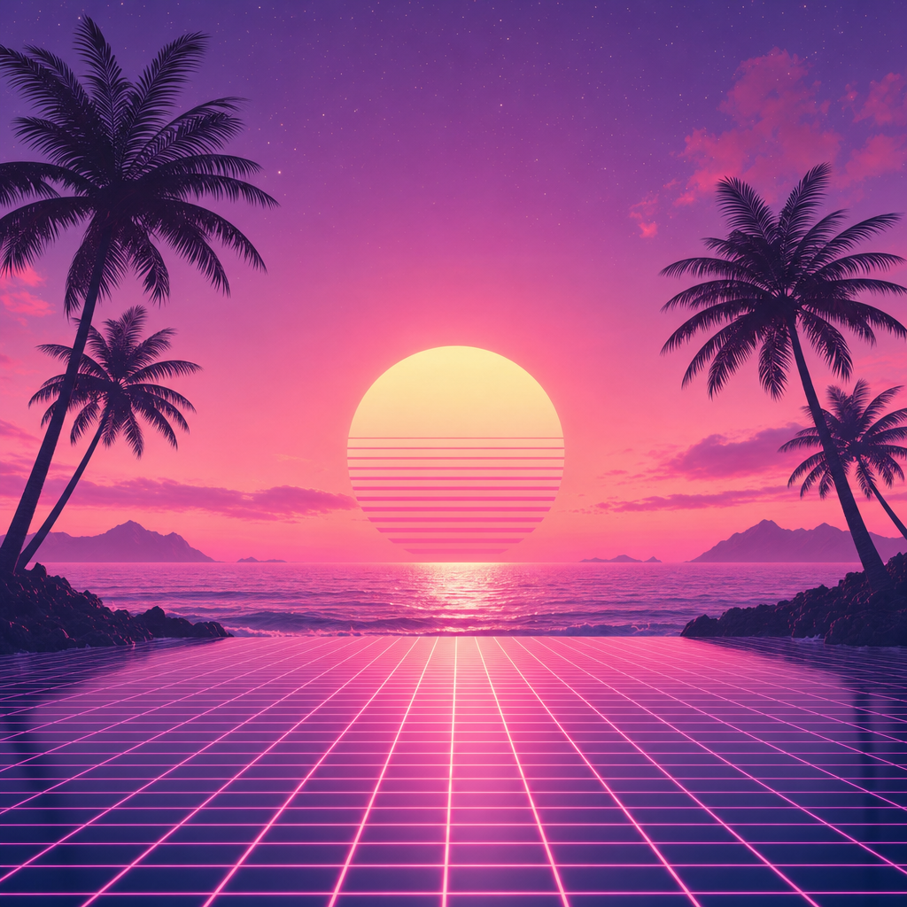 Vaporwave sunset, retro ocean grid, palm silhouettes