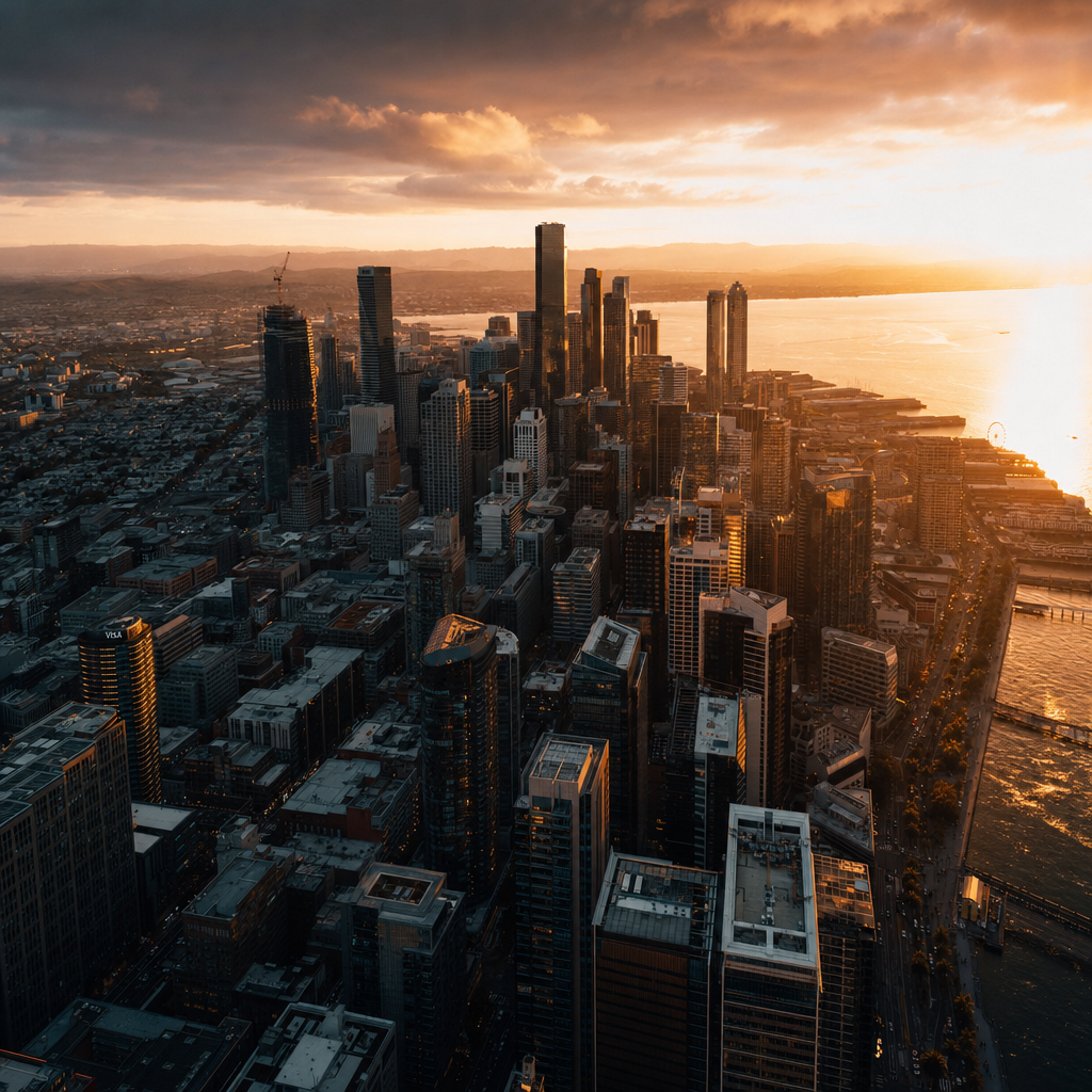 Cinematic drone shot, golden hour city, film grain