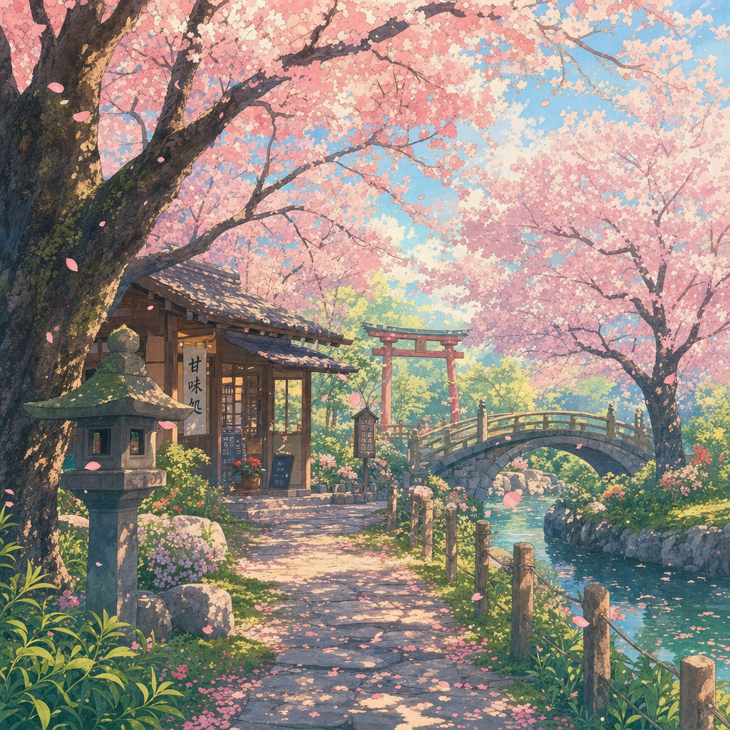 Anime sakura garden, Ghibli style, warm afternoon