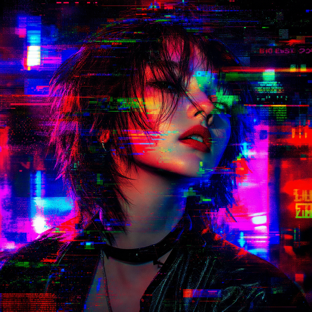 Glitch art portrait, RGB shift chaos, digital noise