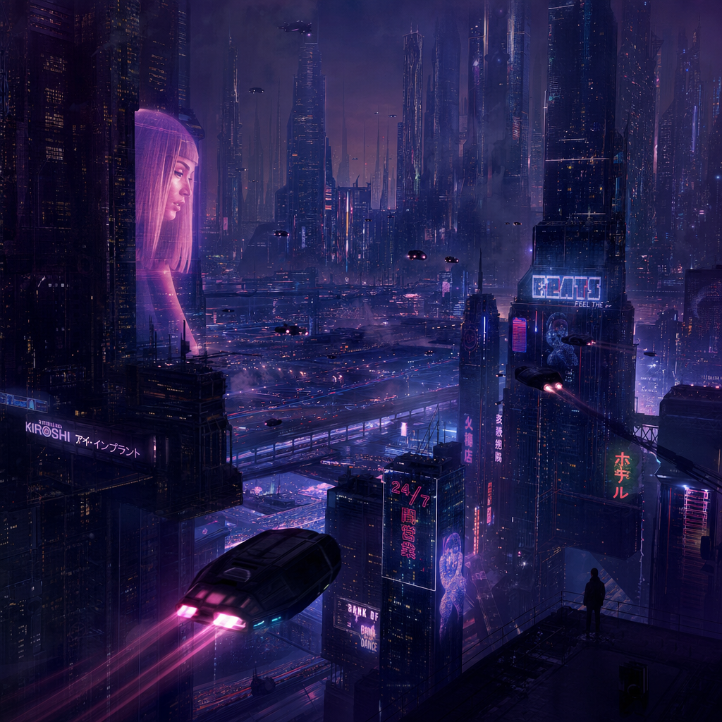 Neon megacity skyline, purple haze, flying cars