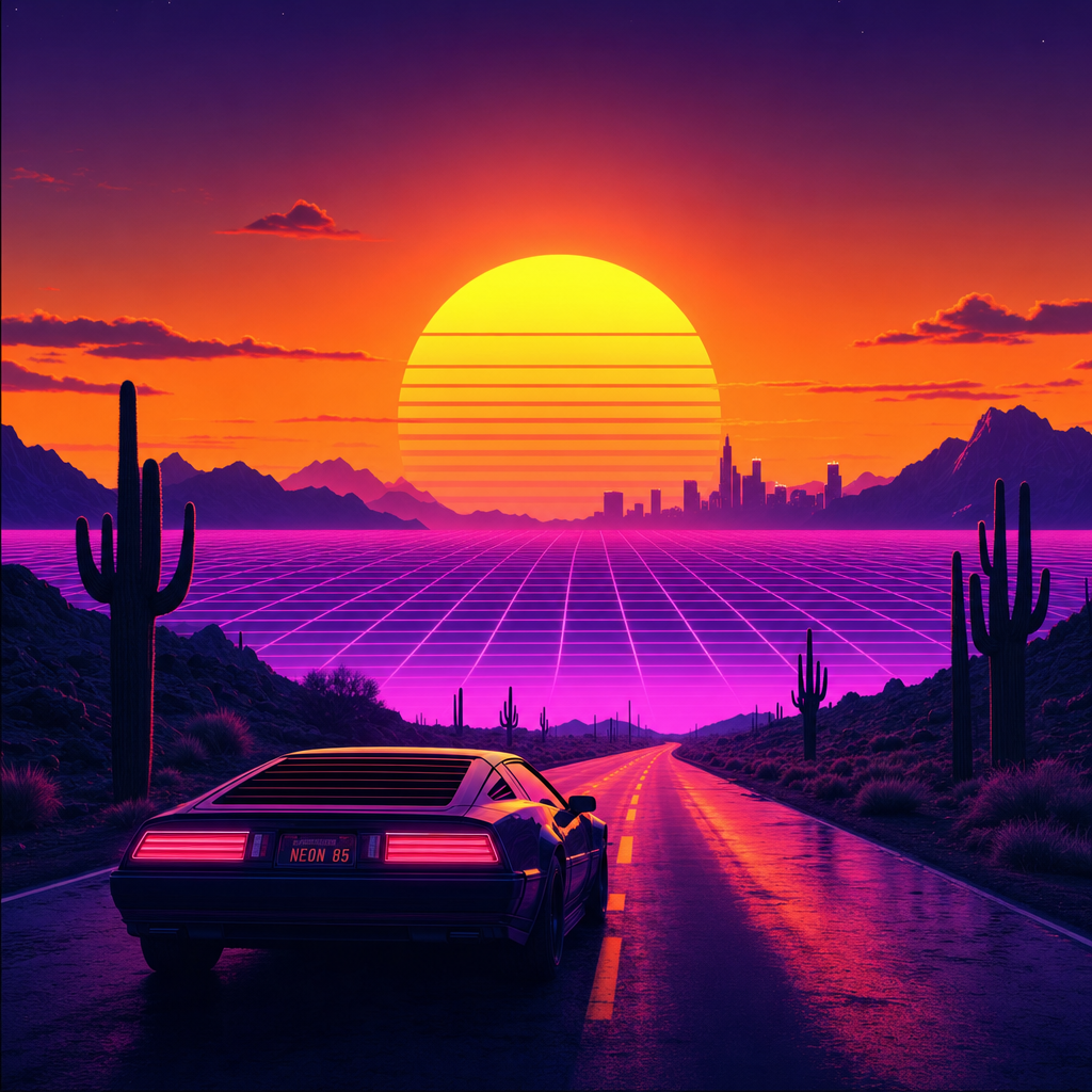 Synthwave desert road, grid horizon, retrowave sunset