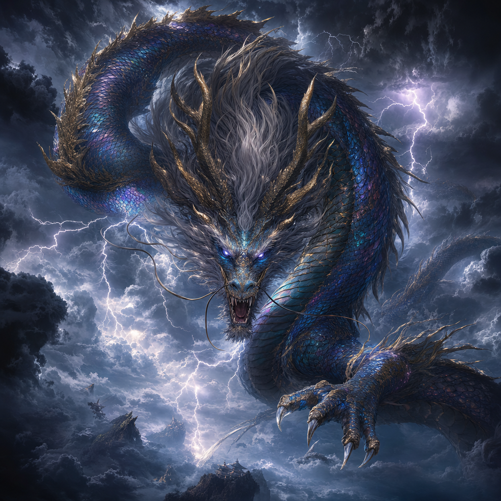 Anime dragon in storm clouds, epic lightning