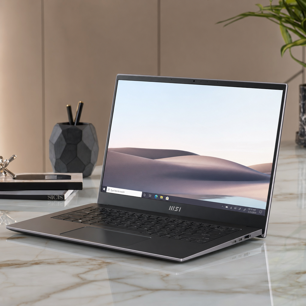 Hyperreal laptop on marble desk, product shot