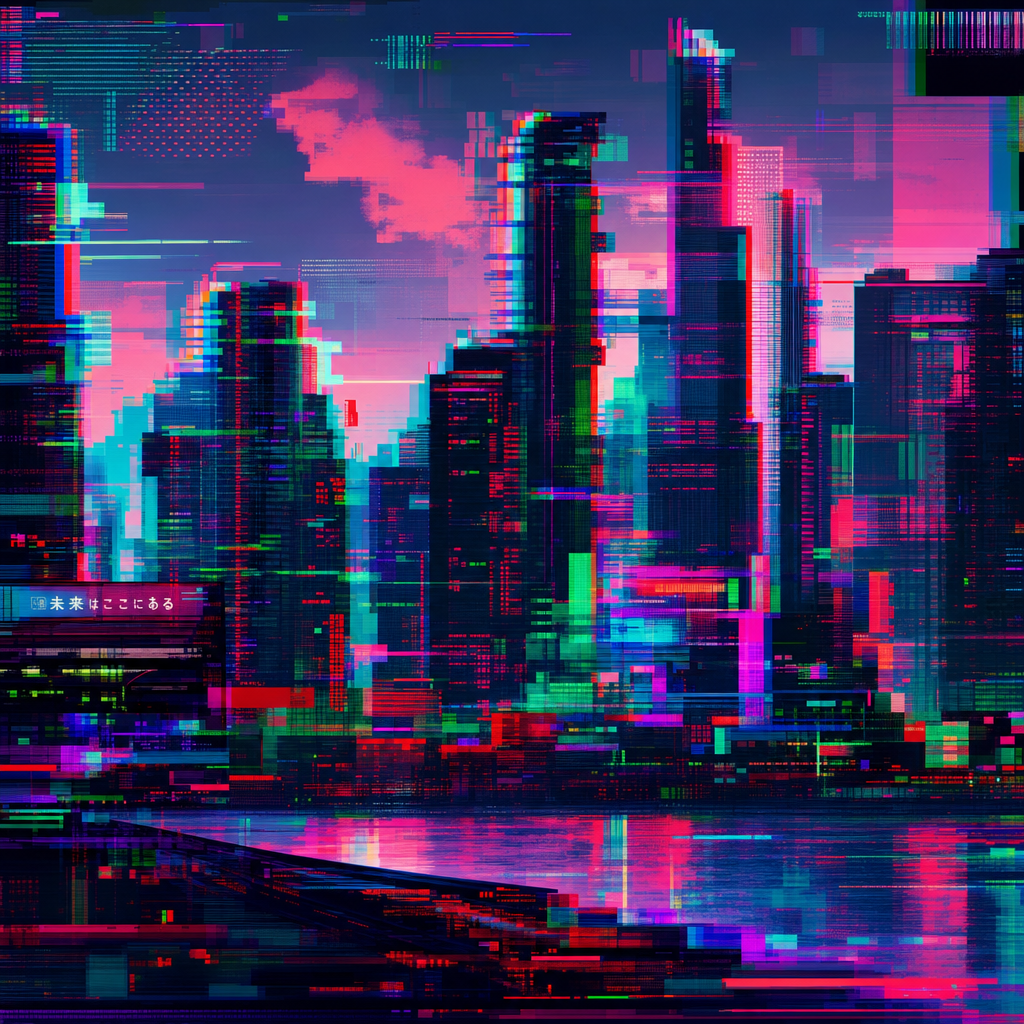 Glitch art cityscape, fragmented reality, RGB split